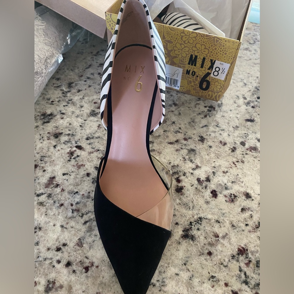 Women’s high heels. Size 8.5. Black/Black White Microsuede/zebra print